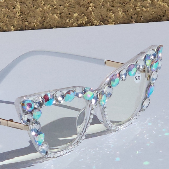 Accessories - Women's Bling Cat Eye Readers Colorful Rhinestones AB Reading Glasses White+1.00